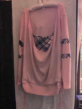 Women's Pink Layered Plaid Accent Sweater